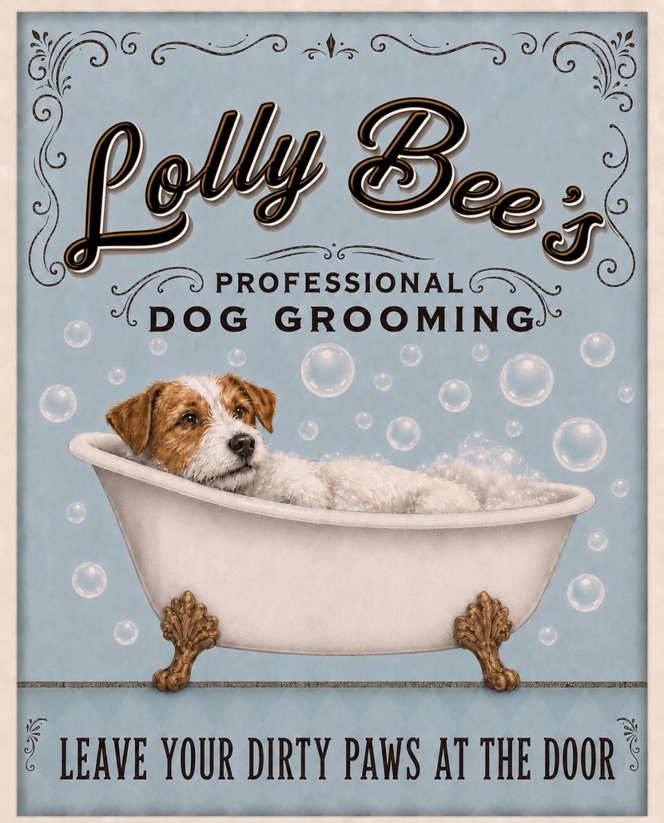 Lolly Bee’s sign: a dog in a clawfoot bath, with “Professional Dog Grooming” and “Leave your dirty paws at the door”